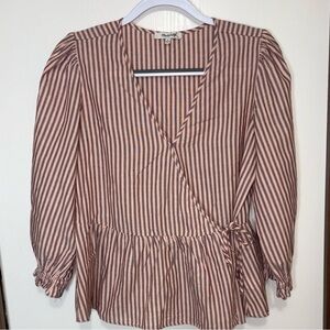 Madewell Wrap Peplum Blouse Sz M Striped Cottagecore Boho Tie Waist Puff Sleeves